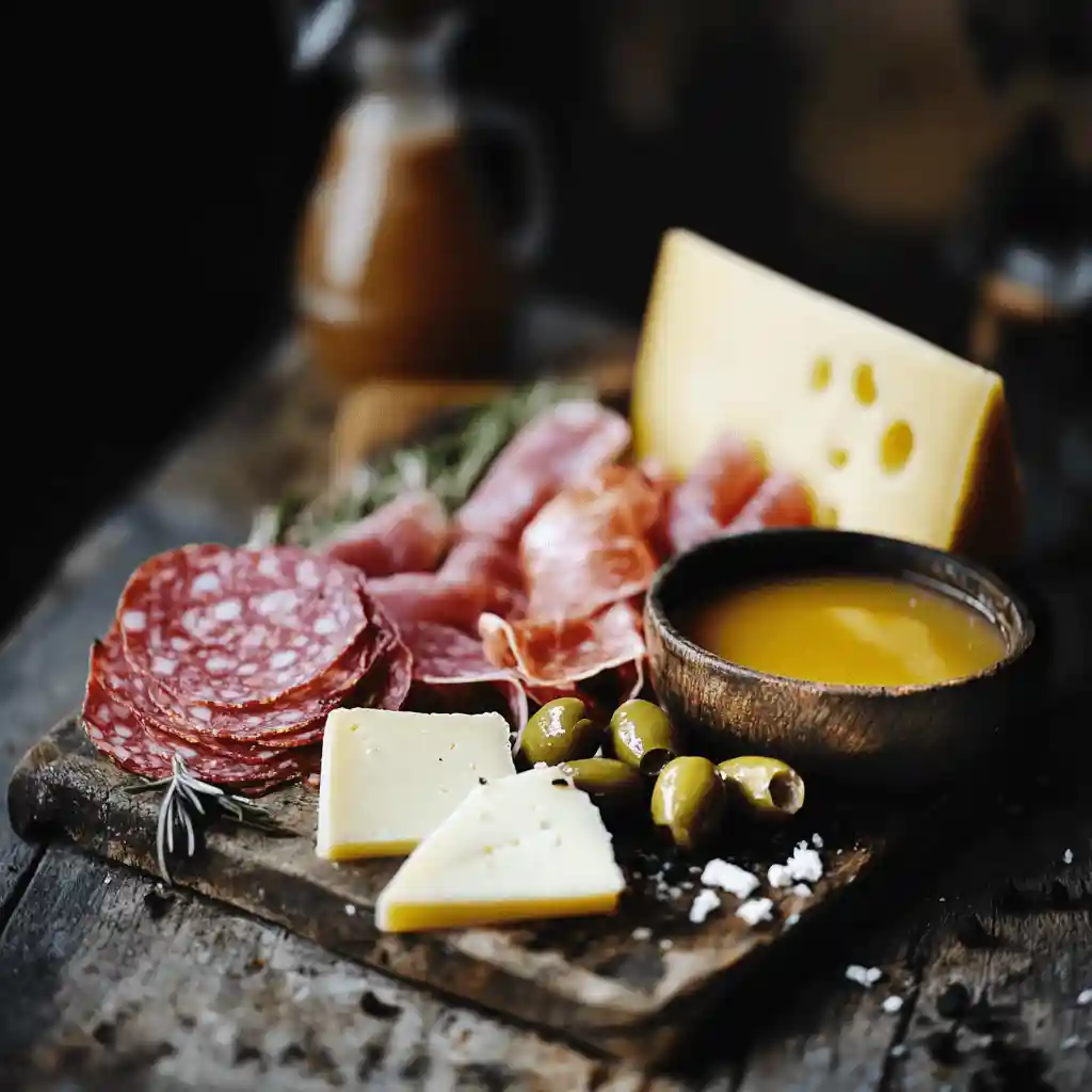 A beautifully arranged charcuterie platter with cured meats like salami, prosciutto, and bresaola, paired with hard cheeses such as parmesan and aged cheddar. The platter includes pickles or olives and a bowl of bone broth, set on a rustic wooden surface with a cozy kitchen backdrop.
