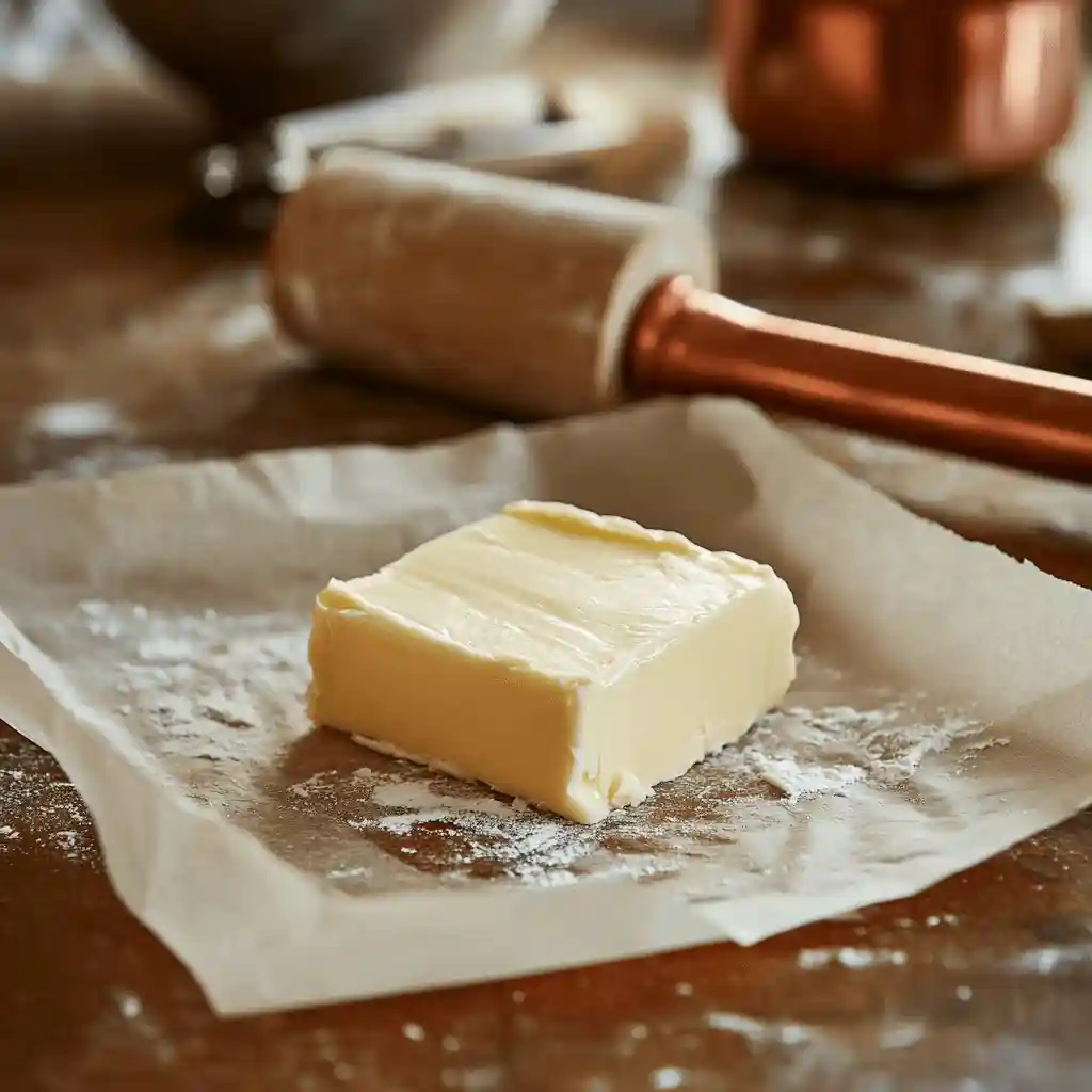 A cold butter block being flattened into a square on parchment paper using a rolling pin. The butter's smooth texture is emphasized, set against a rustic kitchen background with wooden surfaces and copper kitchen tools.